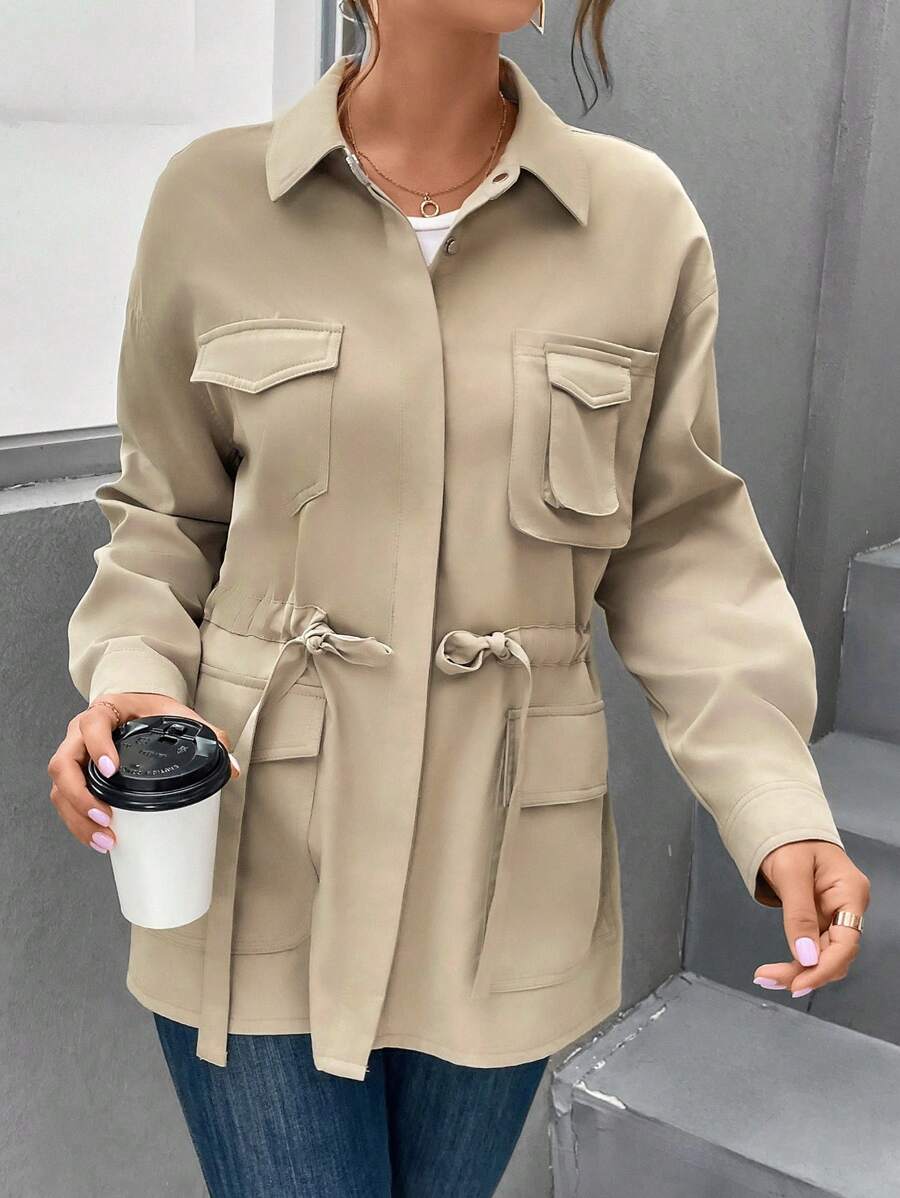 SHEIN Essnce 有蓋口袋落肩抽繩馬甲 - 卡其色 - 查看 1