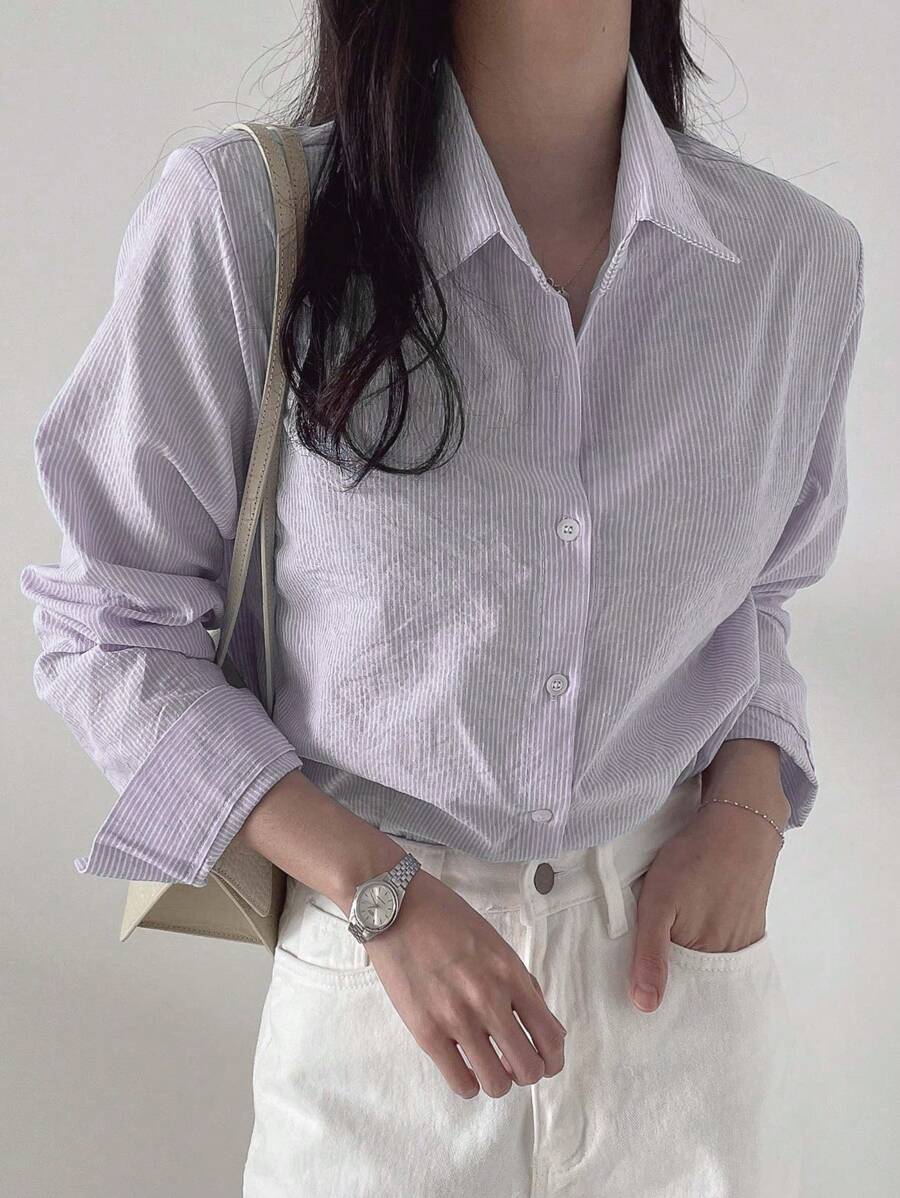 DAZY 条纹纽扣前襟衬衫,秋季女装长袖上衣 - 紫色 - 查看 1