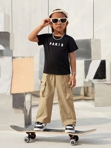 SHEIN Pantalones cargo casuales lisos para niños pequeños con bolsillos con solapa - Caqui - Ver 3