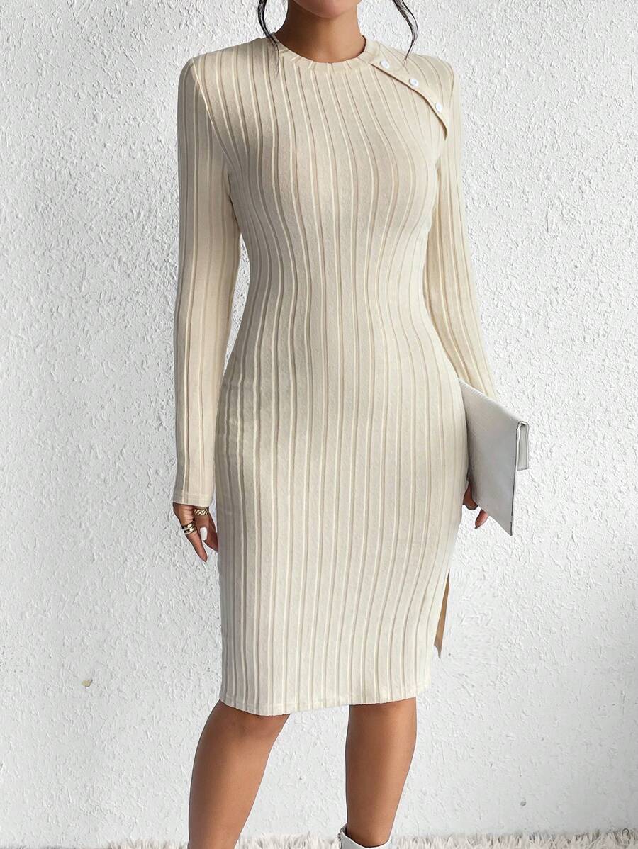 SHEIN Frenchy 條紋針織紐扣細節高衩緊身洋裝 - 杏色 - 查看 1