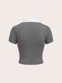 SHEIN EZwear Camiseta 2 en 1 de cuello en contraste - Gris - Ver 2