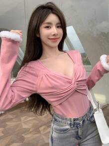 DAZY 纯色扭纹前开襟 T 恤，秋季长袖女式上衣 - 粉色 - 查看 7