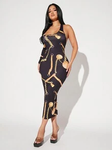 SHEIN SXY Vestido ajustado con estampado de cadena de cuello asimétrico - Multicolor - Ver 3