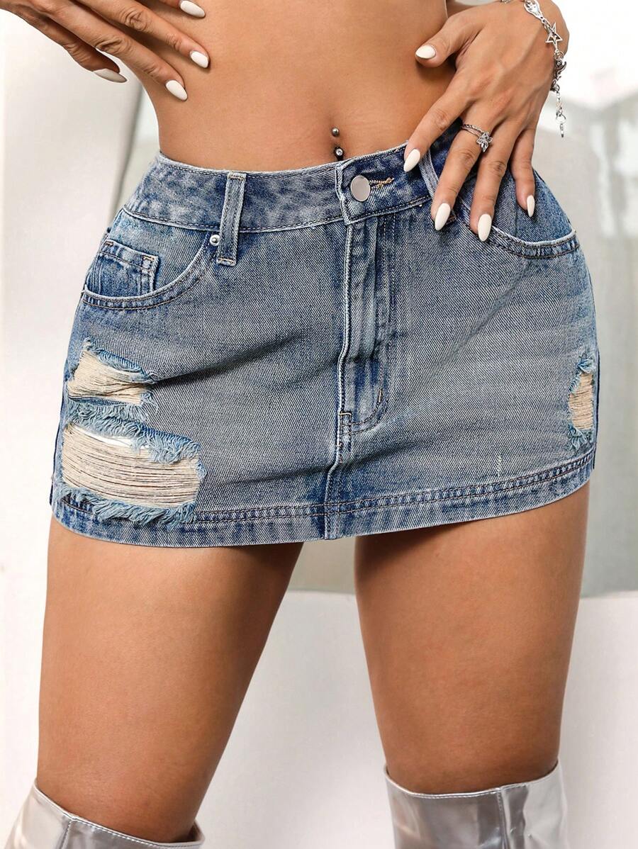 SHEIN ICON Ripped Bodycon Denim Skirt - Blue - View 1