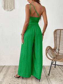 SHEIN VCAY Một bờ vai Áo liền quần ống rộng - màu xanh lá - Xem 2