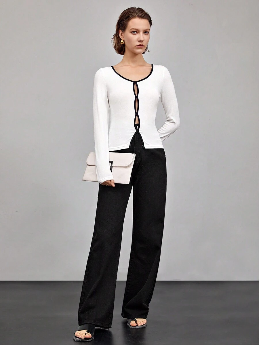 BizChic Contrast Binding Button Front Tee - White - View 1