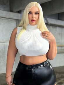 SHEIN SXY Plus High Neck Crop Tank Knit Top - White - View 1