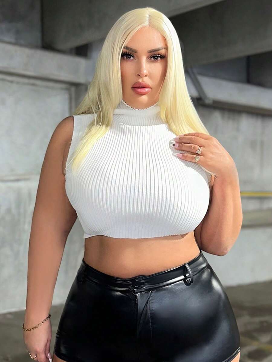 SHEIN SXY Plus High Neck Crop Tank Knit Top - White - View 1