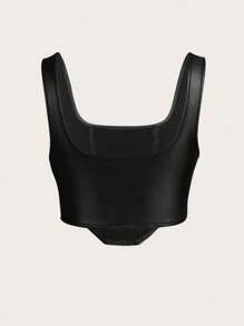 SHEIN ICON Solid PU Leather Wide Strap Black Top - Black - View 2