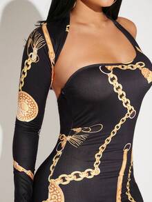 SHEIN SXY Vestido ajustado con estampado de cadena de cuello asimétrico - Multicolor - Ver 4