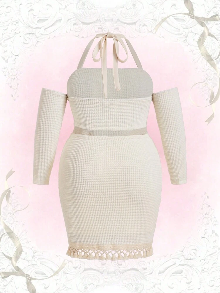 Plus Halter Neck Tassel Trim Top & Bodycon Skirt