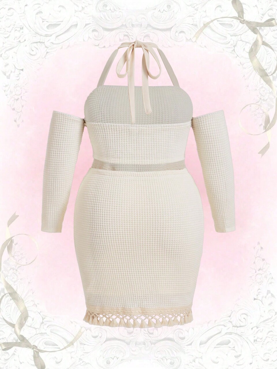 Plus Halter Neck Tassel Trim Top & Bodycon Skirt