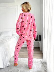 RueChic Letter & Cartoon Graphic Flannel PJ Set - Pink - View 2