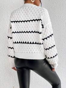 Chiquease Striped Pattern Drop Shoulder Sweater,Long Sleeve Tops Knit Pullover Fall Winter Outfit - Black and White - View 2