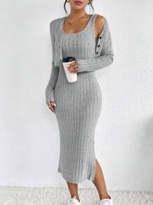 SHEIN Frenchy 高衩條紋針織背心洋裝和前紐扣上衣 - 灰色 - 查看 6