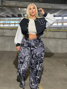 SHEIN SXY 大碼字母貼片落肩短款衛衣 - 黑與白 - 查看 1