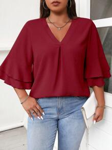 Celure Áo cánh cổ chữ V tay bèo nhún Plus Solid cho quần áo năm mới - Đỏ - Xem 4