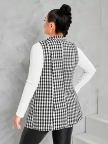 SHEIN Unity معطف صديري طباعة مربع النقش بدون حزام مقاس كبير - أبيض وأسود - مشاهدة 2