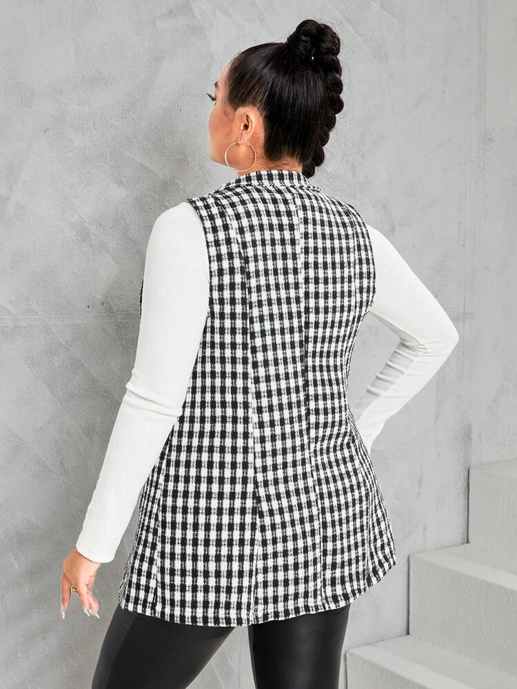 Plus Plaid Print Vest Overcoat Without Belt