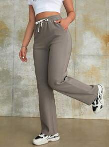 High Waist Drawstring Waist Slant Pocket Straight Leg Pants - Grey - View 2