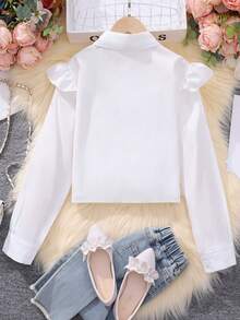 SHEIN Tween Girl Ruffle Trim Button Front Crop Shirt - White - View 2