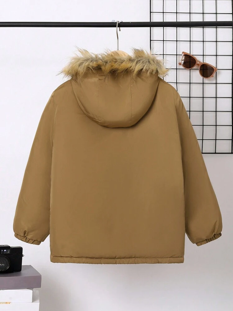 Tween Boy Flap Pocket Fuzzy Trim Hooded Padded Coat