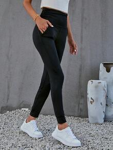 SHEIN LUNE Solid Slant Pocket Leggings - Black - View 4