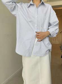 DAZY Chemise à manches longues avec poche, imprimé de rayures verticales, épaules tombantes, vêtements d'automne - Gris pâle - Voir 3