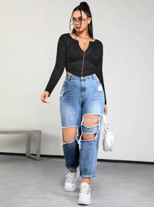 SHEIN ICON Plus High Waist Ripped Cut Out Mom Fit Jeans - Light Wash - View 4