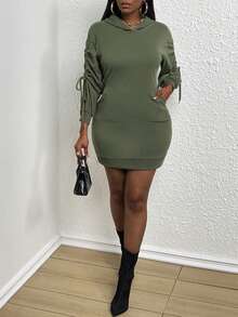 SHEIN Slayr 抽繩落肩袖連帽緊身衛衣洋裝 - 淺灰色 - 查看 5