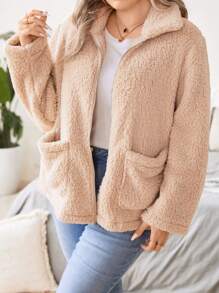 Celure Talla grande Abrigo teddy con doble bolsillo cremallera - Albaricoque - Ver 6