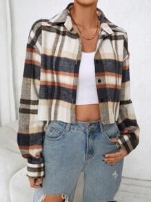 SHEIN EZwear 格纹印花落肩衬衫、长袖上衣 - 彩色 - 查看 4