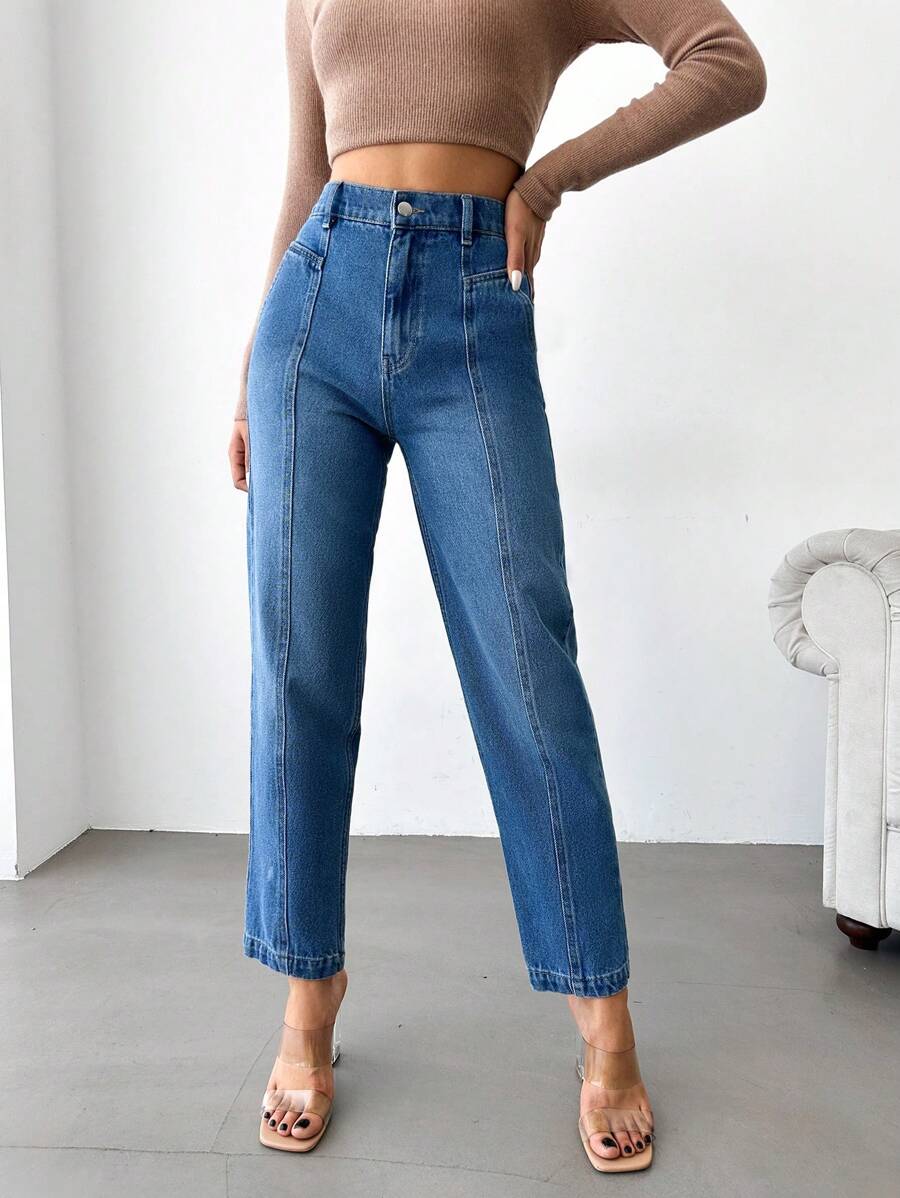 SHEIN Cottnline High Waist Mom Fit Jeans - Blue - View 1