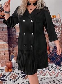 SHEIN Clasi Talla grande Vestido de doble botonadura bajo fruncido - Azul - Ver 1