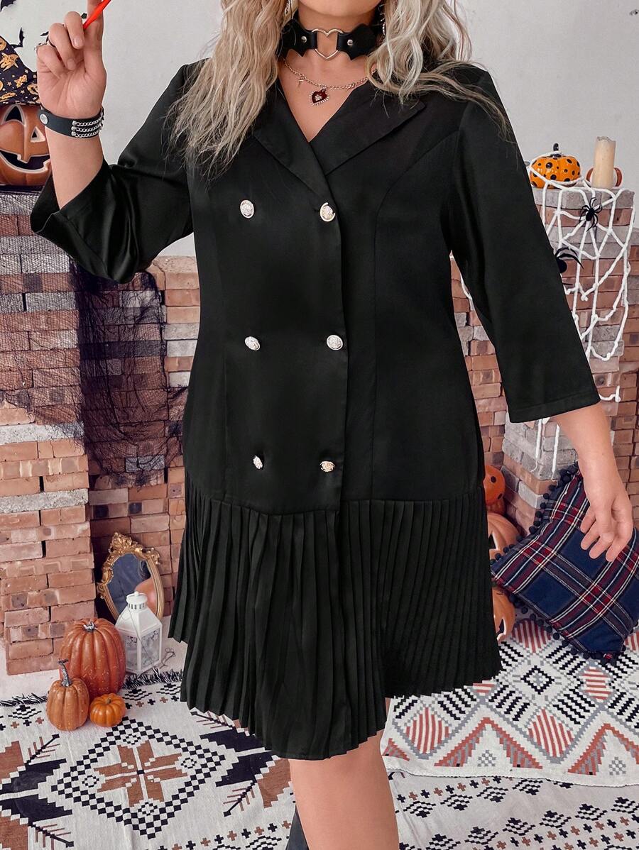 SHEIN Clasi Talla grande Vestido de doble botonadura bajo fruncido - Azul - Ver 1