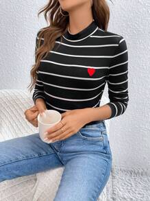 SHEIN Frenchy In sọc Tu bổ trái tim Cổ giả Áo thun - Đen và trắng - Xem 5