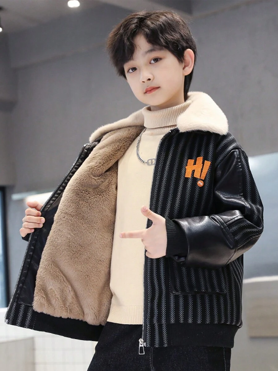 1件 Tween 男孩用厚毛領填充pu皮夾克,冬季必備 - 黑色 - 查看 1