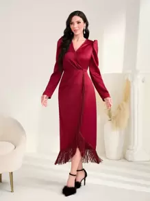 Modelyn Burgundy Red Fringe Trim Wrap Hem Satin Dress - Burgundy - View 1