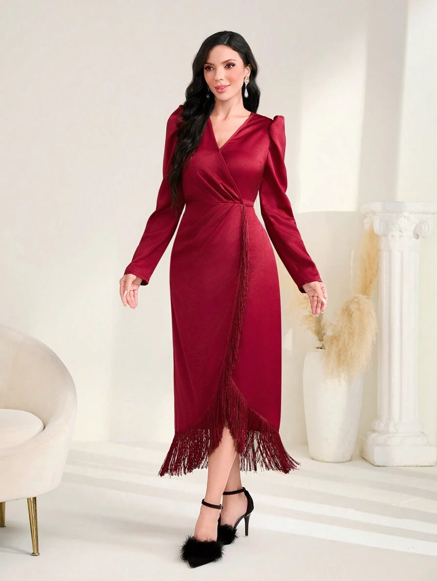 Modelyn Burgundy Red Fringe Trim Wrap Hem Satin Dress - Burgundy - View 1