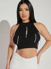 Hauture Pearls Beaded Crop Halter Knit Top - Black - View 6