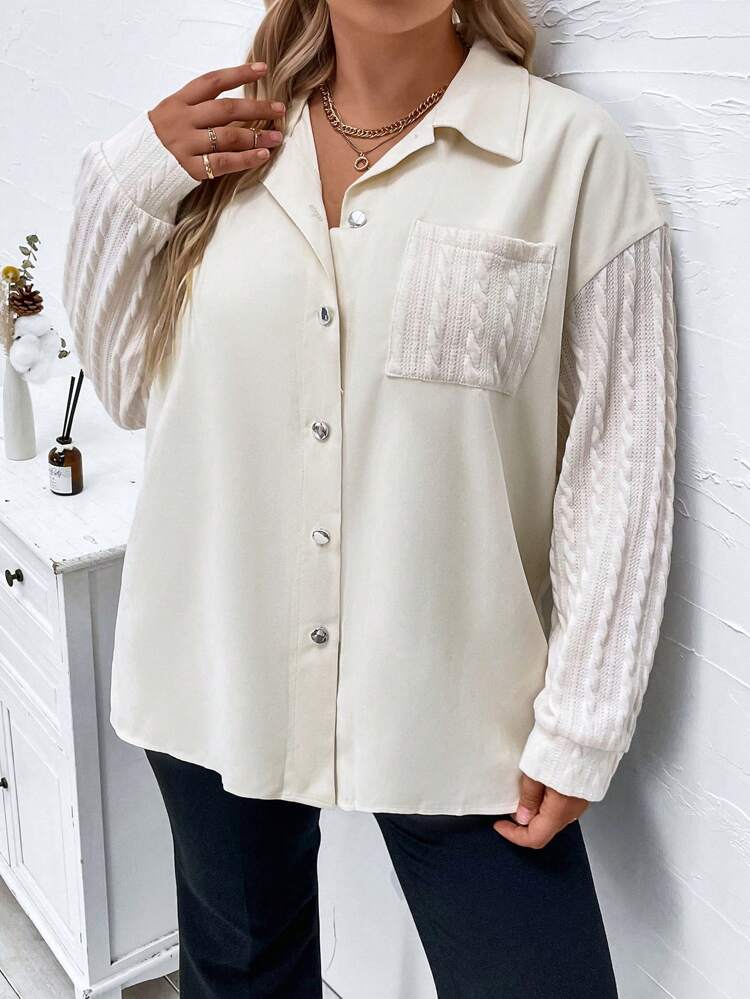 Plus Contrast Drop Shoulder Pocket Patched Button Front Coat