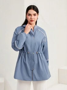 Mulvari Contrast Piping Drawstring Waist Zip Up Coat - Blue - View 6