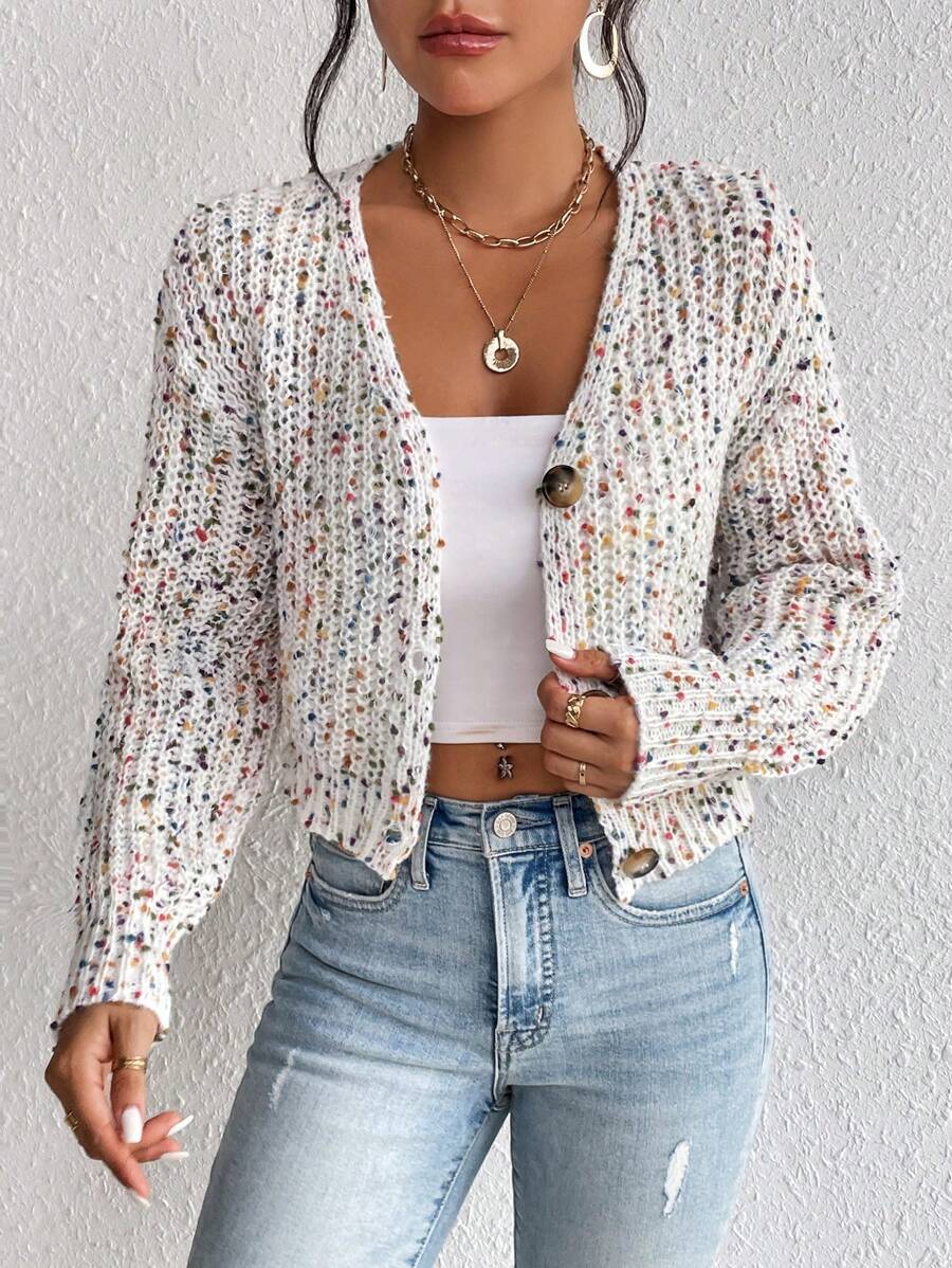 SHEIN Essnce 紙屑圖案落肩袖開襟衫 - 彩色 - 查看 1