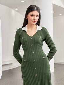 Seusyu Contrast Collar Button Front Sweater Dress - Army Green - View 6