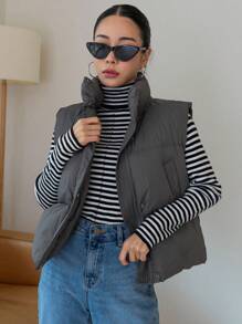 DAZY Zip Up Puffer Vest Pockets Coat - Grey - View 5