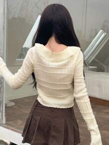 DAZY Solid Ruffle Trim Flounce Sleeve Crop Sweater,Fall Women Clothes - Apricot - View 5
