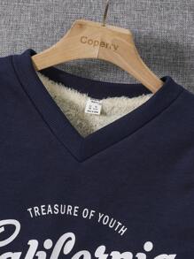 青少年女孩字母圖案保暖襯裡運動衫 - 寶藍色 - 查看 3