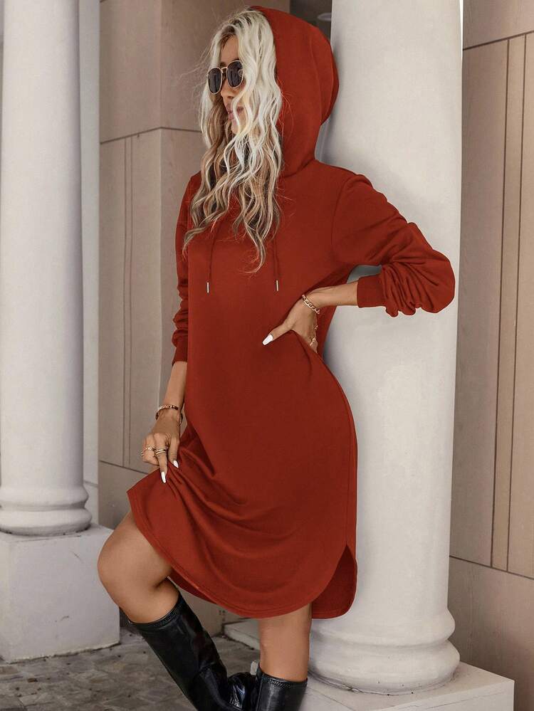 Solid Drawstring Hooded Split Hem Sweatshirt Dress,Long Sleeve Tops In Fall/Winter