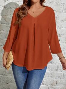 EMERY ROSE Plus Solid V Neck Blouse - Redwood - View 3