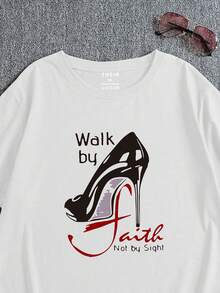 SHEIN EZwear Áo thun Plus size Hoạt hình Lá thư Slogan Giải trí - trắng - Xem 4